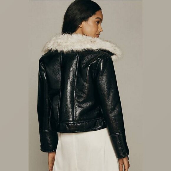 UNREAL FUR Vegan Leather Aviator Bomber Jacket Faux Fur Collar Full Zip Coat XL - Picture 7 of 15